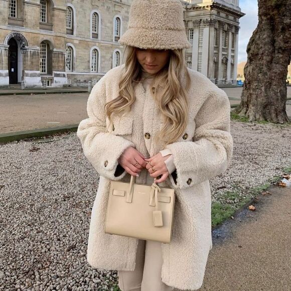 Mango Faux Shearling Jacket Shacket Overshirt Beige New Pockets - Picture 8 of 13